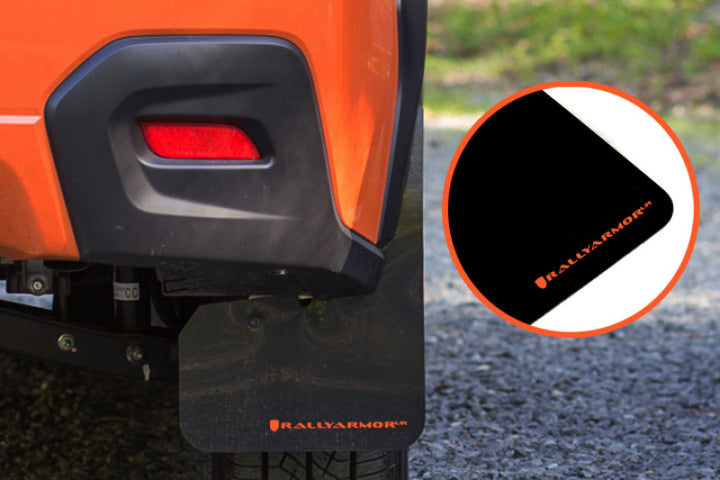 Rally Armor 13-17 Subaru Crosstrek XV Black Mud Flap w/Orange Logo - Bull Strap