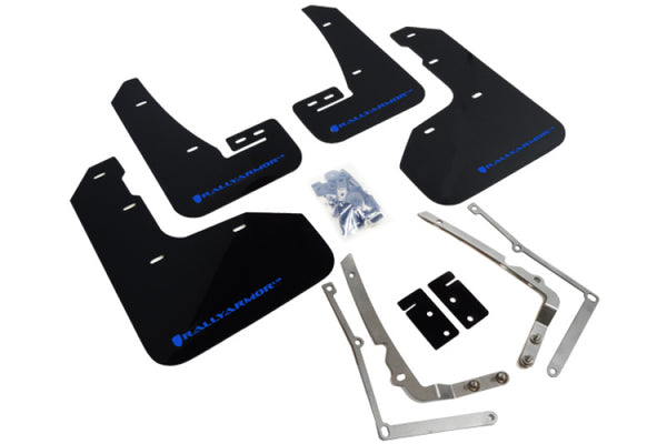 Rally Armor 15-17.5 MKVII VW Golf R Black UR Mud Flap w/Blue Logo - Bull Strap