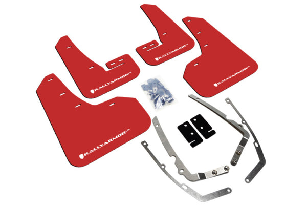 Rally Armor 15-21 MKVII VW Golf/GTI Red UR Mud Flap w/White Logo - Bull Strap