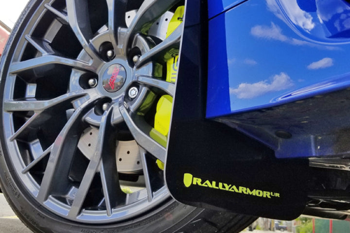 Rally Armor 15-21 Subaru WRX/STI Black UR Mud Flap w/Green Logo - Bull Strap
