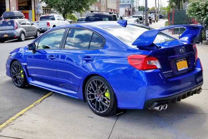 Rally Armor 15-21 Subaru WRX/STI Black UR Mud Flap w/Green Logo - Bull Strap