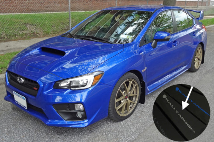 Rally Armor 15-21 Subaru WRX/STI Black UR Mud Flap w/Silver Logo - Bull Strap