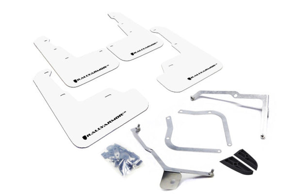 Rally Armor 15-21 Subaru WRX/STI White UR Mud Flap w/Black Logo - Bull Strap