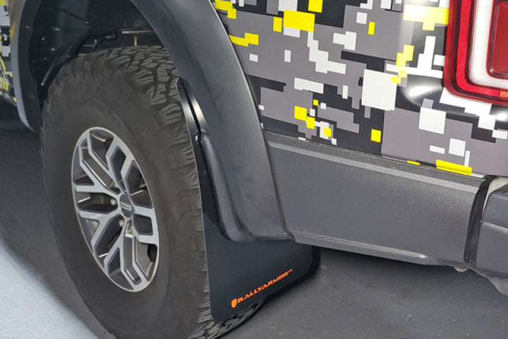 Rally Armor 17-20 Ford F-150 Raptor Gen 2 Black UR Mud Flap w/Dark Grey Logo - Bull Strap