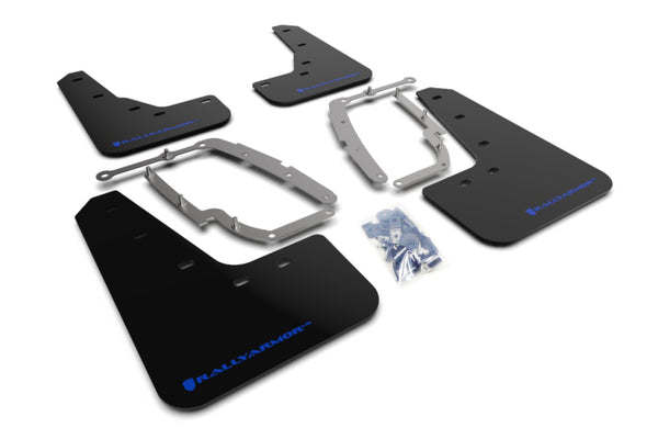 Rally Armor 17-23 Tesla Model 3 Black UR Mud Flap w/Blue Logo - Bull Strap