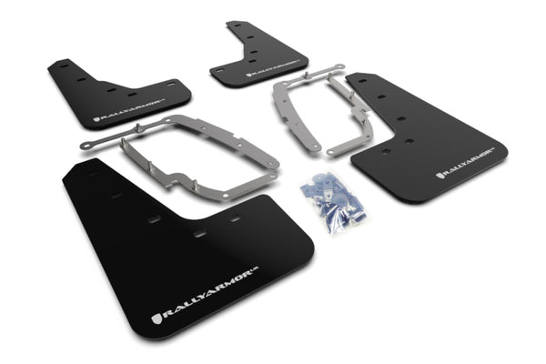 Rally Armor 17-23 Tesla Model 3 Black UR Mud Flap w/White Logo - Bull Strap