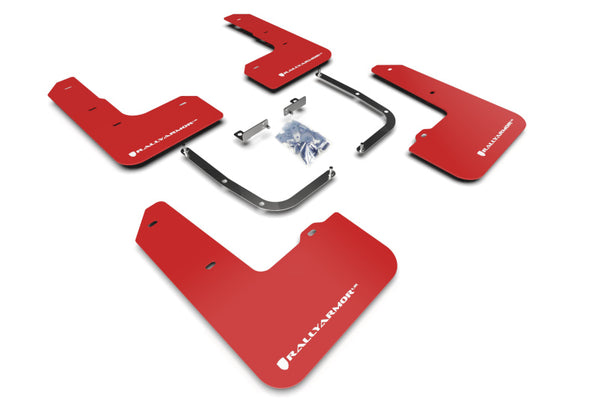 Rally Armor 19-22 Hyundai Veloster N Red UR Mud Flap w/ White Logo - Bull Strap
