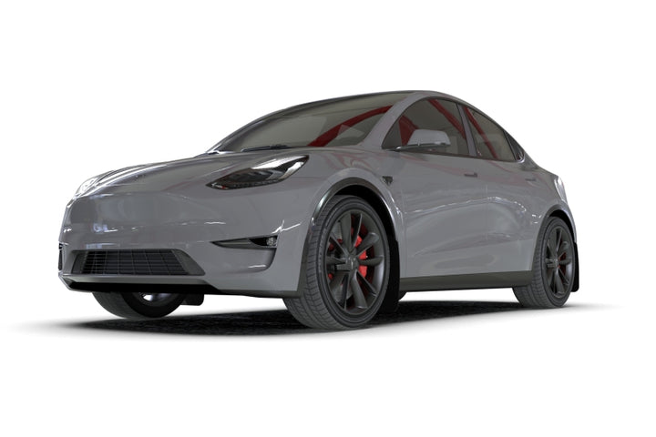 Rally Armor 20-26 Tesla Model Y, Juniper Y Black Mud Flap - Metallic Black Logo - Bull Strap