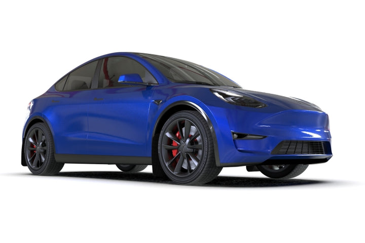 Rally Armor 20-26 Tesla Model Y, Juniper Y Black Mud Flap - Metallic Black Logo - Bull Strap