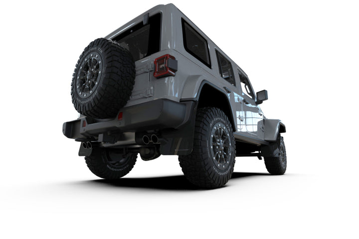 Rally Armor 2018+ Jeep Wrangler Rubicon JL Black UR Mud Flap w/ Metallic Black Logo - Bull Strap