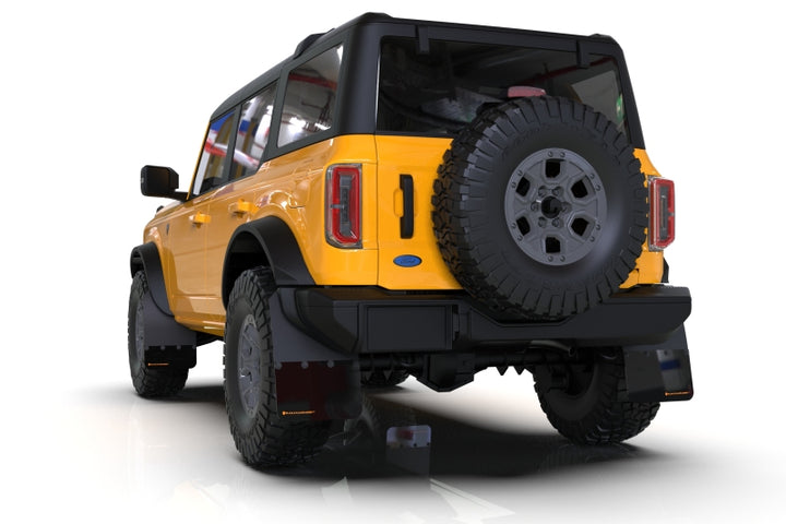 Rally Armor 21-25 Ford Bronco (Plstc Bmpr + RR - NO Rptr/Sprt) Blk Mud Flap w/Met. Blk Logo - Bull Strap