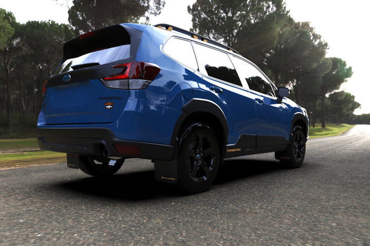 Rally Armor 22-24 Subaru Forester &amp; Wilderness Black UR Mud Flap w/Red Logo - Bull Strap