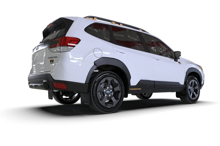 Rally Armor 22-24 Subaru Forester &amp; Wilderness Black UR Mud Flap w/Wild Orange Logo - Bull Strap