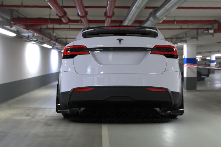 Rally Armor 22-26 Tesla Model X Black UR Mud Flap - Metallic Black Logo - Bull Strap