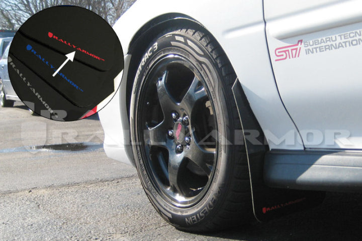 Rally Armor 93-01 Subaru Impreza RS Black UR Mud Flap w/ Red Logo - Bull Strap