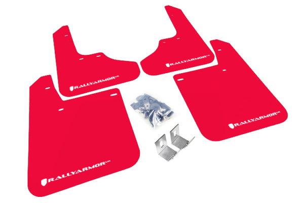 Rally Armor 93-01 Subaru Impreza RS Red UR Mud Flap w/ White Logo - Bull Strap