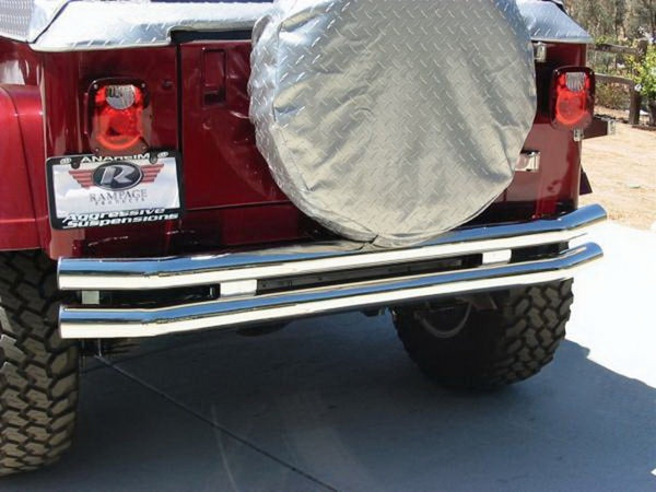Rampage 1976-1983 Jeep CJ5 Double Tube Rear Bumper w/Hitch Receiver - Stainless - Bull Strap