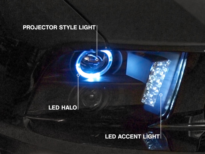 Raxiom 05-09 Ford Mustang w/ Halogen LED Halo Prjctr Headlights-Blk Hsng(Smoked Lens Exclude GT500) - Bull Strap