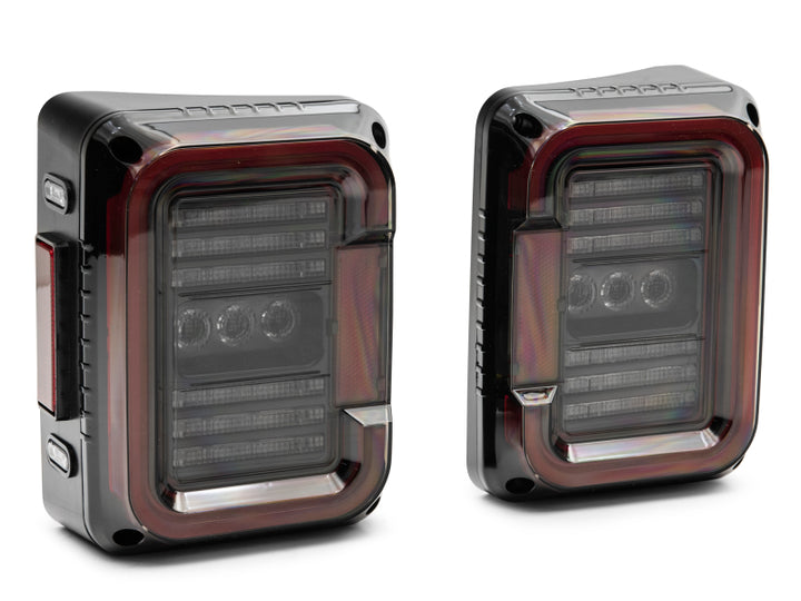 Raxiom 07-18 Jeep Wrangler JK Axial Series LED Halo Tail Lights- Black Housing (Dark Smoked Lens) - Bull Strap