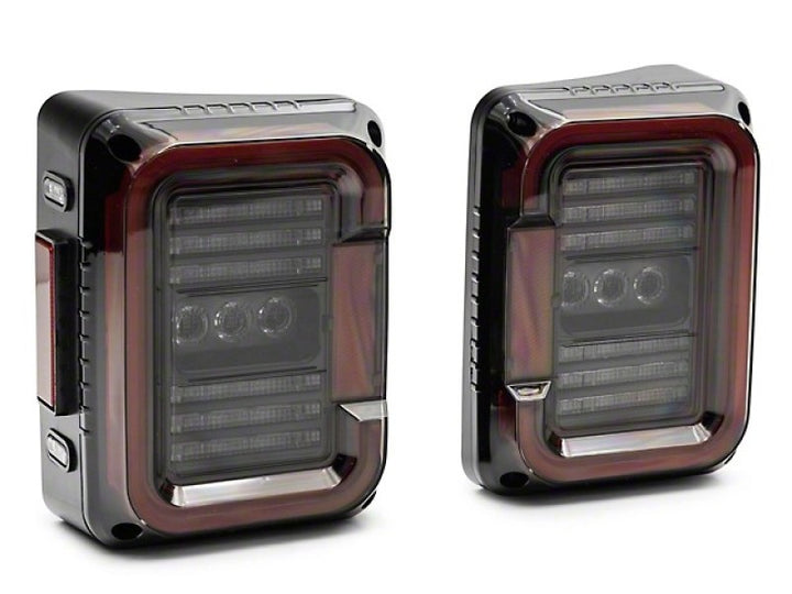 Raxiom 07-18 Jeep Wrangler JK Axial Series LED Halo Tail Lights- Black Housing (Dark Smoked Lens) - Bull Strap