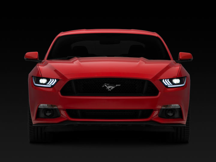 Raxiom 15-17 Ford Mustang Projector Headlights OEM HID Bulbs- Black Housing (Clear Lens) - Bull Strap