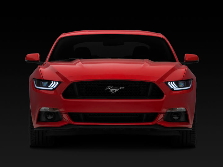 Raxiom 15-17 Ford Mustang Projector Headlights OEM HID Bulbs- Black Housing (Clear Lens) - Bull Strap