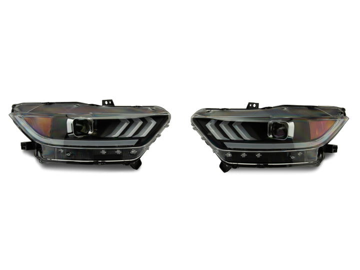 Raxiom 15-17 Ford Mustang Projector Headlights OEM HID Bulbs- Black Housing (Clear Lens) - Bull Strap