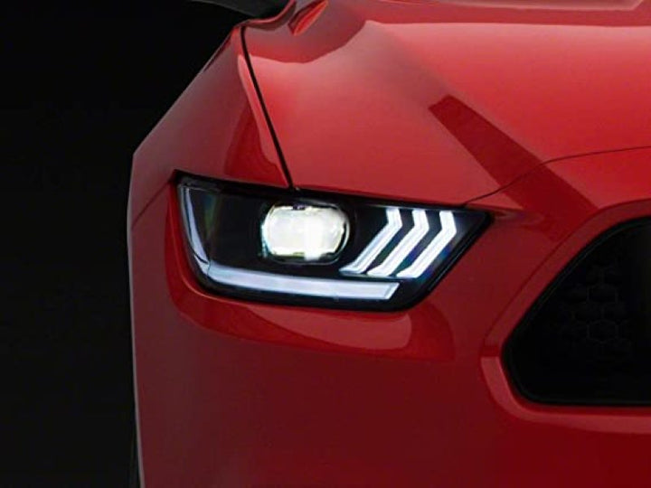 Raxiom 15-17 Ford Mustang Projector Headlights OEM HID Bulbs- Black Housing (Clear Lens) - Bull Strap