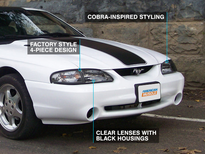 Raxiom 94-98 Mustang Axial Series Cobra Style Headlights- Black Housing (Clear Lens) - Bull Strap