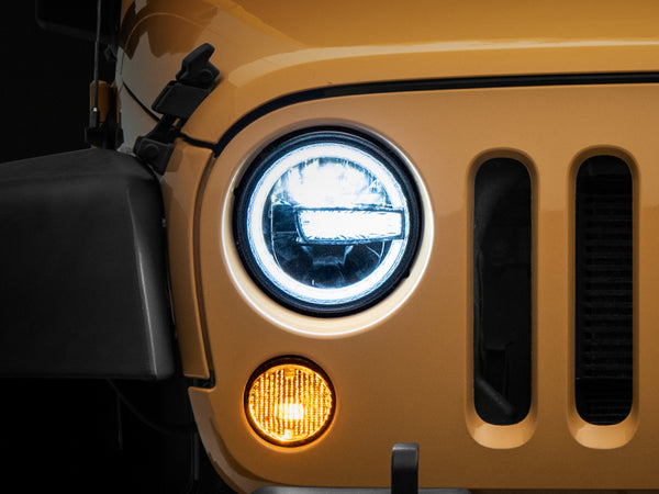 Raxiom 97-18 Jeep Wrangler TJ/JK 7-Inch LED Headlights w/ Halos- Black Housing (Clear Lens) - Bull Strap