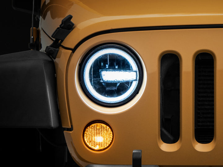 Raxiom 97-18 Jeep Wrangler TJ/JK 7-Inch LED Headlights w/ Halos- Black Housing (Clear Lens) - Bull Strap