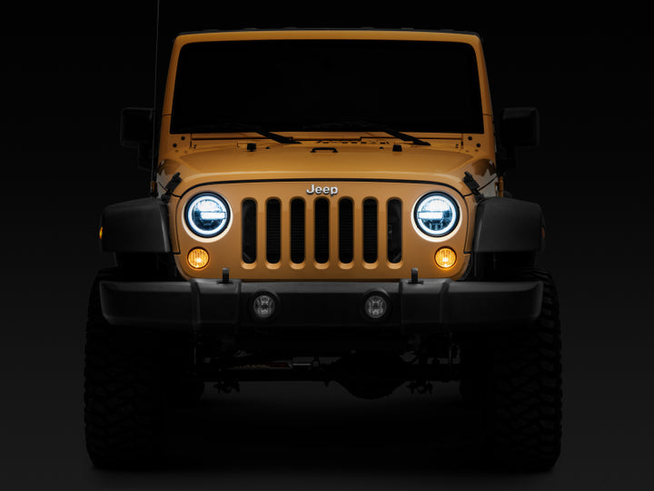 Raxiom 97-18 Jeep Wrangler TJ/JK 7-Inch LED Headlights w/ Halos- Black Housing (Clear Lens) - Bull Strap