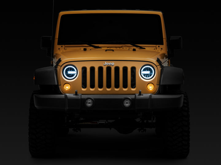 Raxiom 97-18 Jeep Wrangler TJ/JK 7-Inch LED Headlights w/ Halos- Black Housing (Clear Lens) - Bull Strap