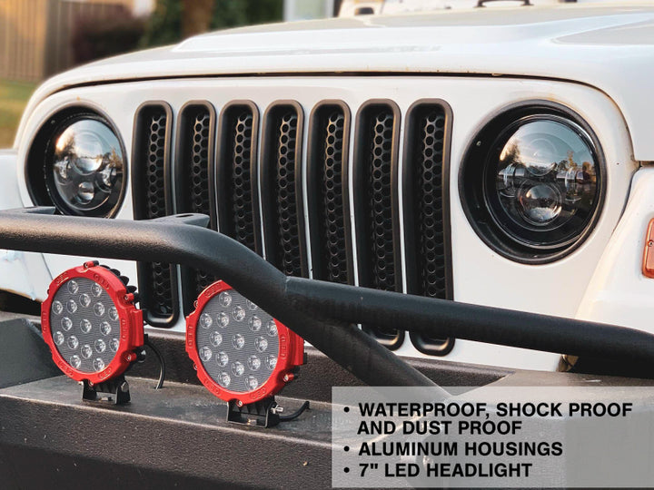 Raxiom 97-18 Jeep Wrangler TJ/JK Axial Series LED Daymaker Headlights- Black Housing (Clear Lens) - Bull Strap