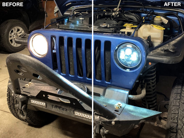 Raxiom 97-18 Jeep Wrangler TJ/JK Axial Series LED Daymaker Headlights- Black Housing (Clear Lens) - Bull Strap