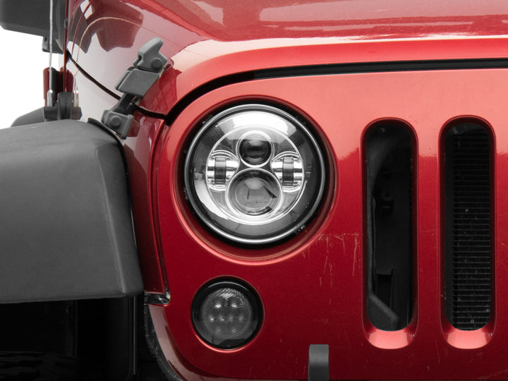 Raxiom 97-18 Jeep Wrangler TJ/JK Axial Series LED Daymaker Headlights- Chrome Housing (Clear Lens) - Bull Strap