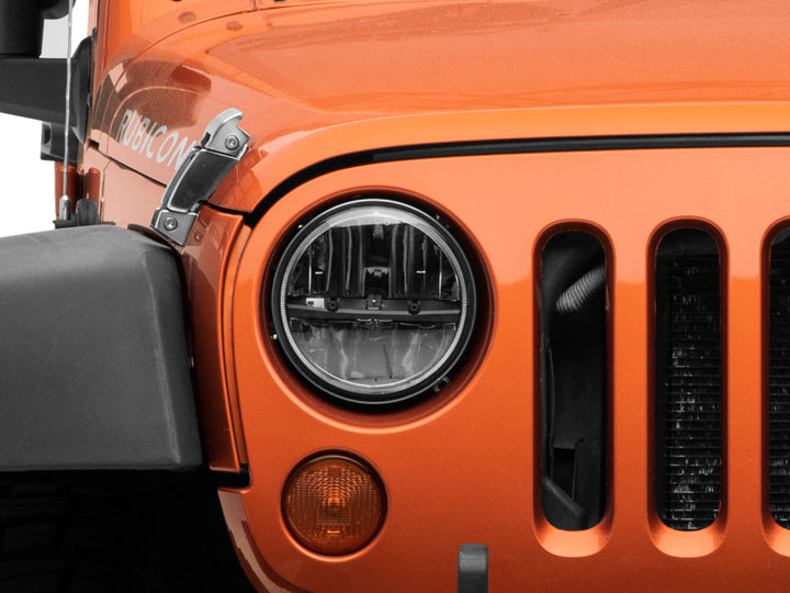 Raxiom 97-18 Jeep Wrangler TJ/JK Axial Series LED Headlights- Black Housing (Clear Lens) - Bull Strap