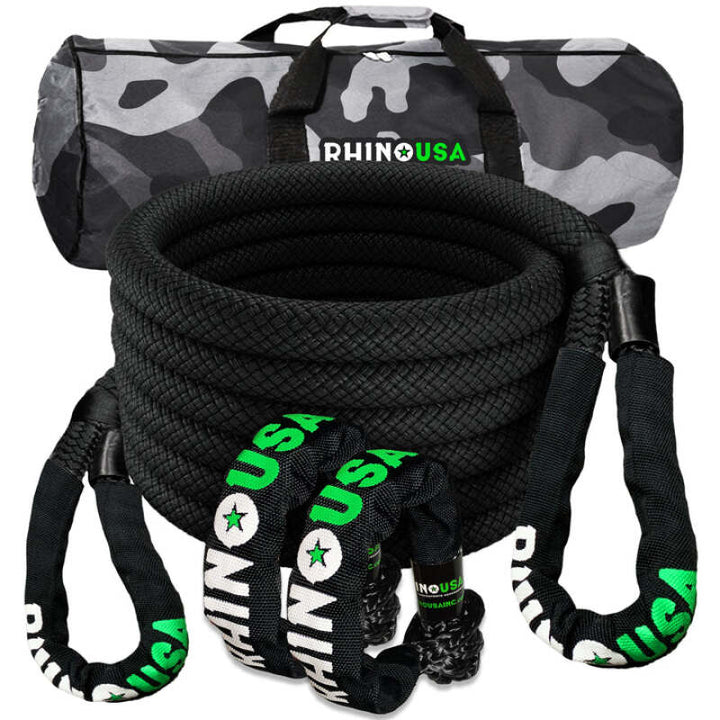 Rhino USA 7/8In X 30Ft Kinetic Rope Recovery Kit W/Soft Shackles (Black) - Bull Strap