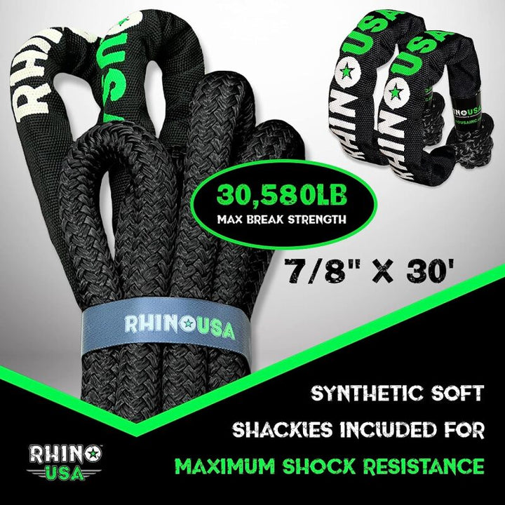 Rhino USA 7/8In X 30Ft Kinetic Rope Recovery Kit W/Soft Shackles (Black) - Bull Strap
