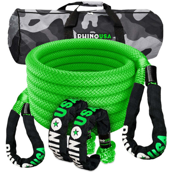 Rhino USA 7/8In X 30Ft Kinetic Rope Recovery Kit W/Soft Shackles (Green) - Bull Strap