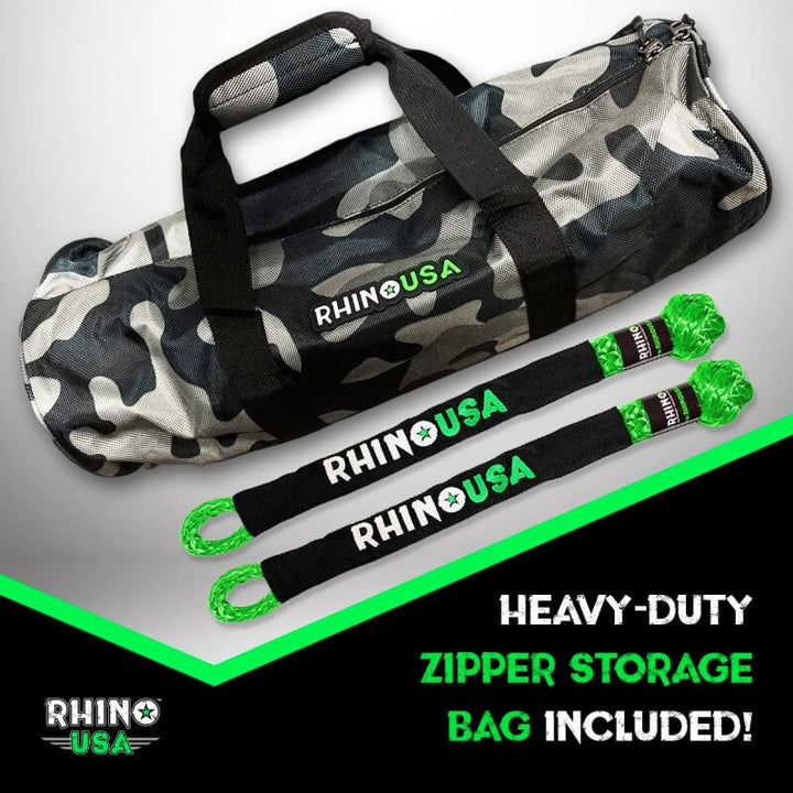 Rhino USA 7/8In X 30Ft Kinetic Rope Recovery Kit W/Soft Shackles (Green) - Bull Strap