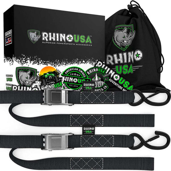 Rhino USA Cambuckle Motorcycle Tiedown Straps 2-Pack (Black) 1.5In X 8Ft - Bull Strap