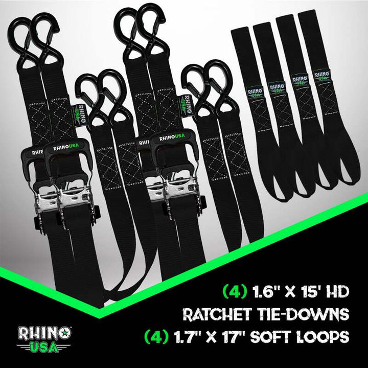Rhino USA Heavy Duty Ratchet Tie-Down 4-Pack Black 1.6In X 15Ft - Bull Strap