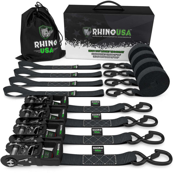 Rhino USA Heavy Duty Ratchet Tie-Down 4-Pack (Black) 1.6In X 8Ft - Bull Strap