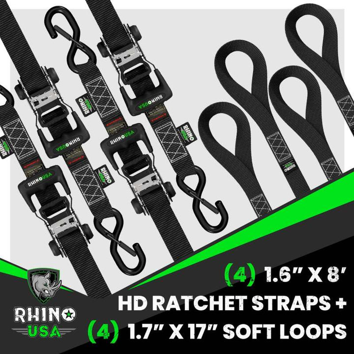 Rhino USA Heavy Duty Ratchet Tie-Down 4-Pack (Black) 1.6In X 8Ft - Bull Strap