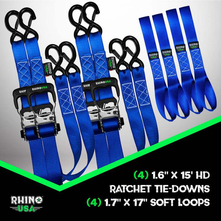 Rhino USA Heavy Duty Ratchet Tie-Down 4-Pack Blue 1.6In X 15Ft - Bull Strap