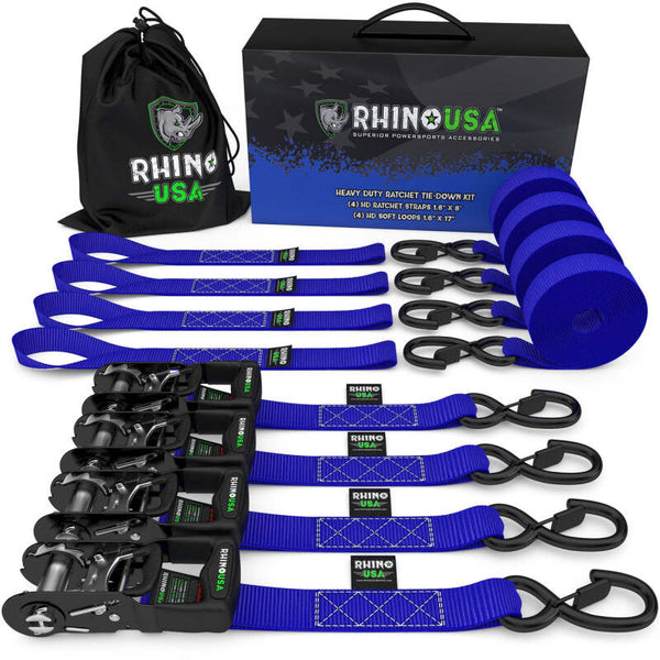 Rhino USA Heavy Duty Ratchet Tie-Down 4-Pack (Blue) 1.6In X 8Ft - Bull Strap