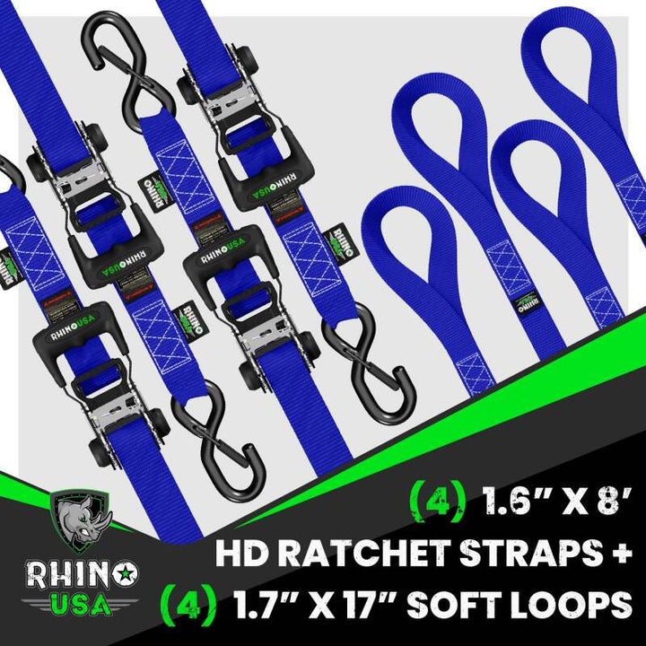 Rhino USA Heavy Duty Ratchet Tie-Down 4-Pack (Blue) 1.6In X 8Ft - Bull Strap