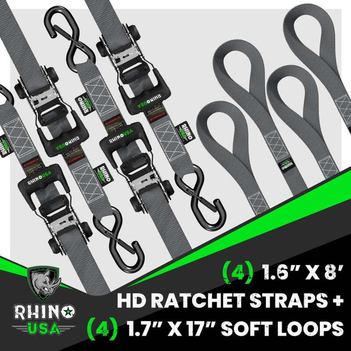 Rhino USA Heavy Duty Ratchet Tie-Down 4-Pack (Gray) 1.6In X 8Ft - Bull Strap