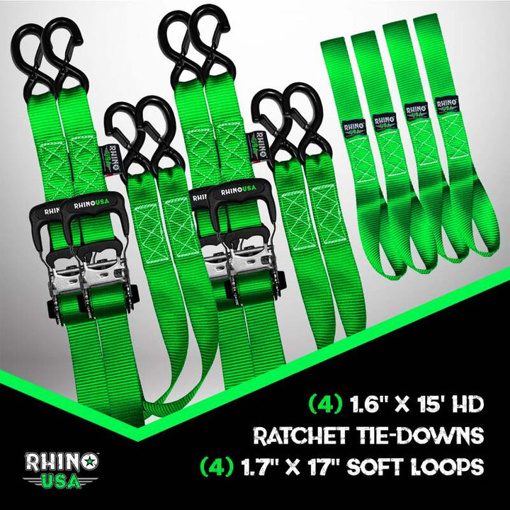 Rhino USA Heavy Duty Ratchet Tie-Down 4-Pack Green 1.6In X 15Ft - Bull Strap
